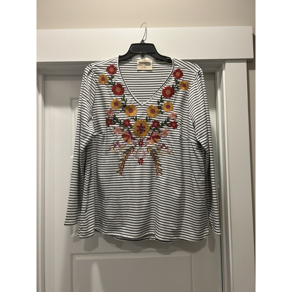 Savanna Jane Floral Embroidered Striped V Neck Shirt Womens 2X Stretch Modest